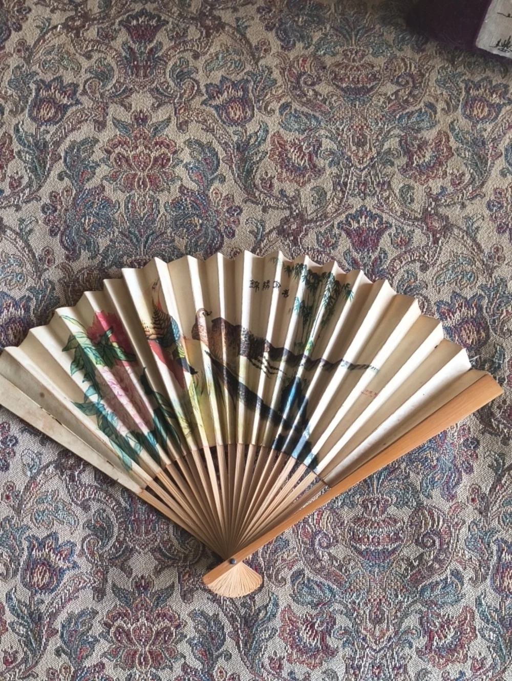 Hand-Painted Decorative Wall Fan in Gold and Blue, 60